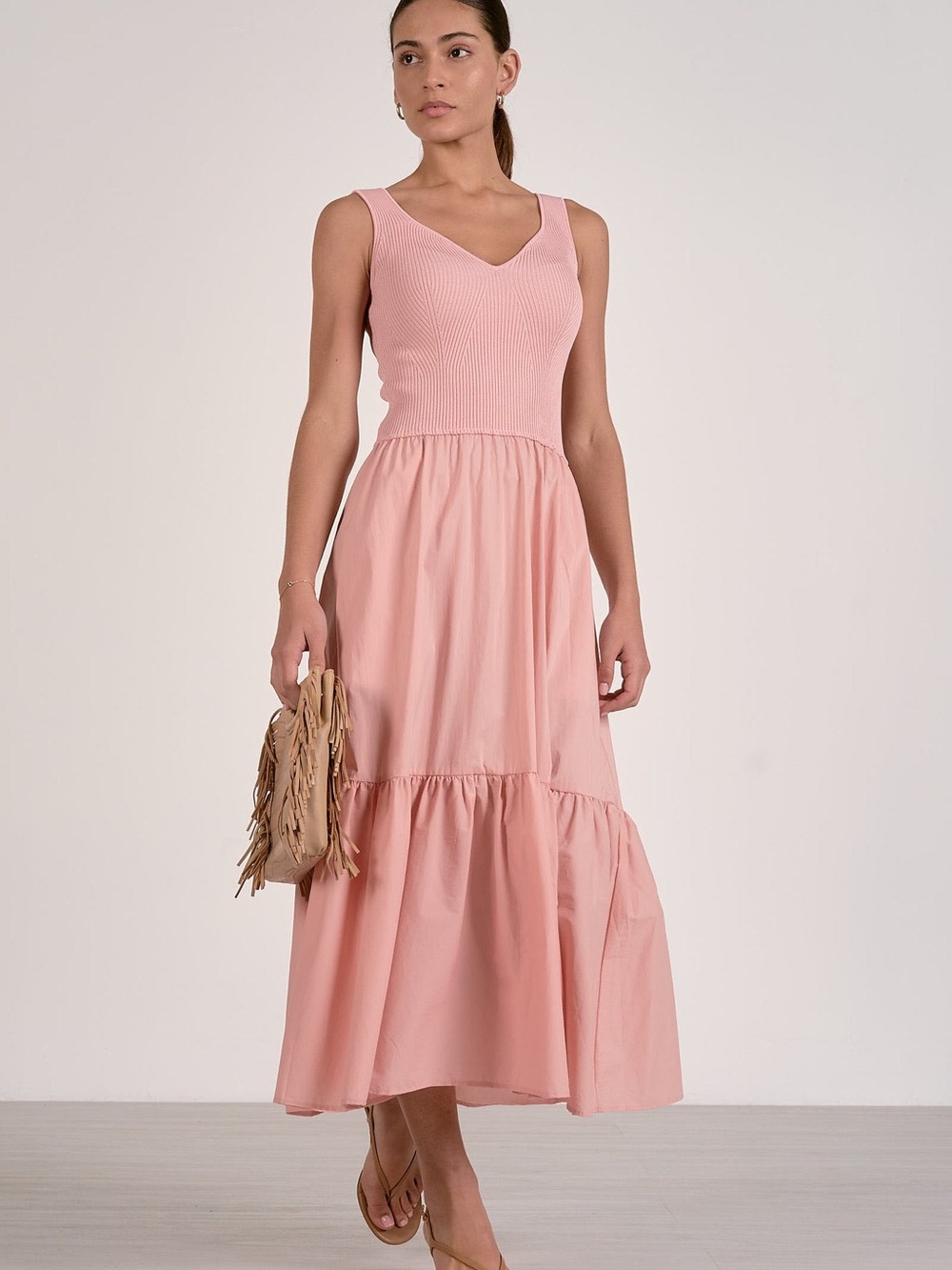 Elan Blush Ribbed Knit Mixed Media Midi Dress NWT - Picture 2 of 5